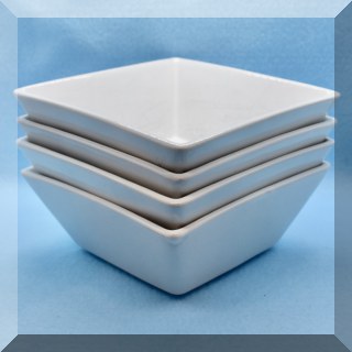 K47. Set of 4 Palm Restaurant white square bowls. Some scratching. 2.5”h x 5.5”w. - $$4 for the set